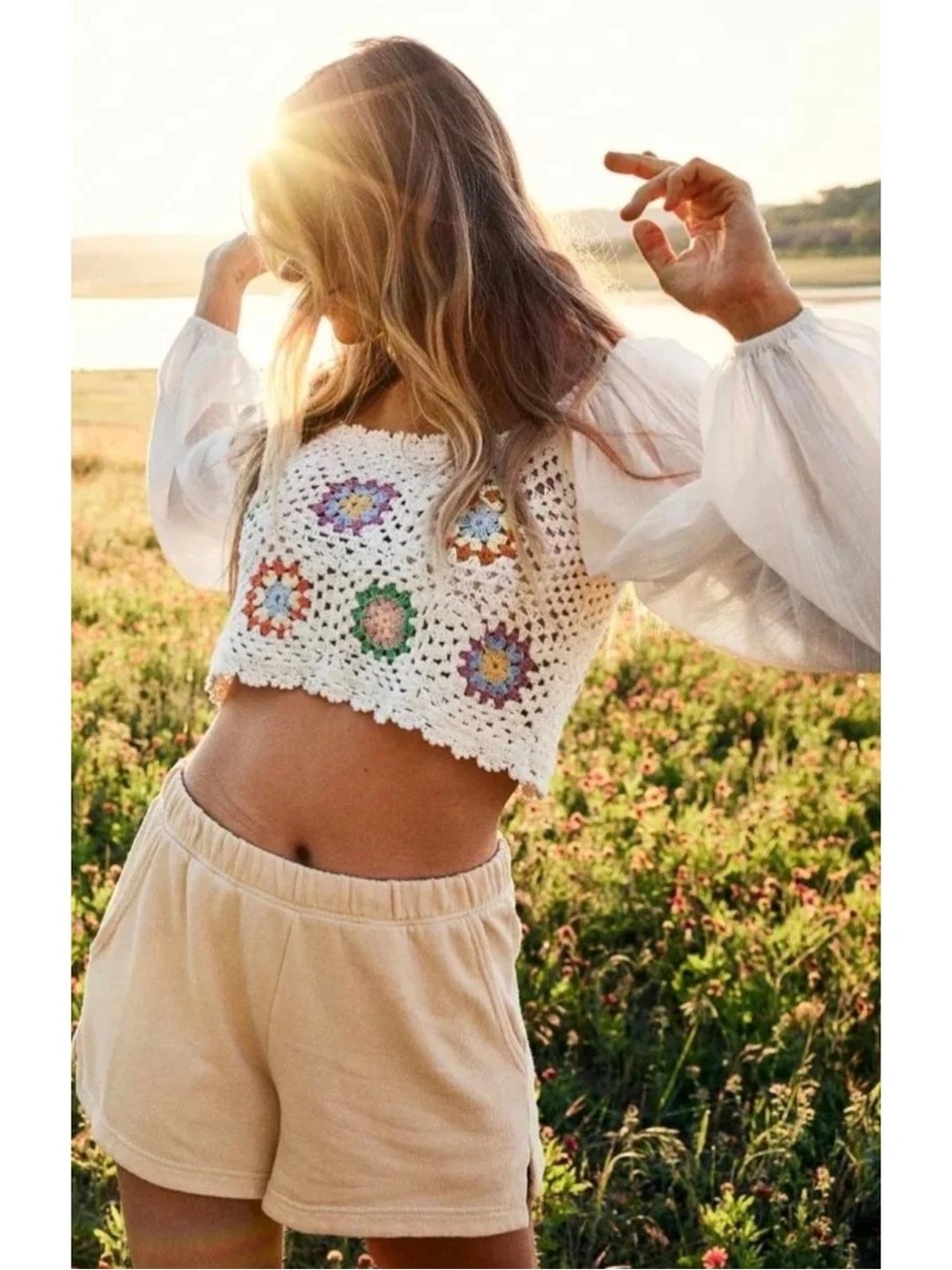 Aerie Boho Crochet Floral Square-Neck Crop Top - White with Multicolor Accents